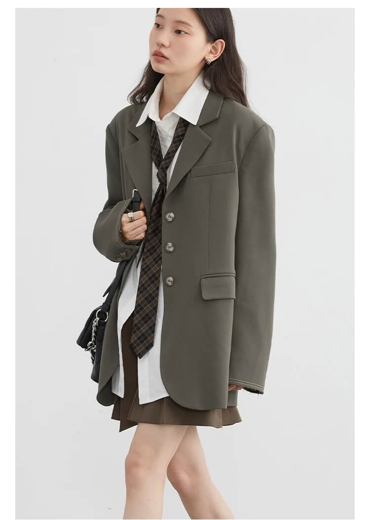 Padded Blazer   Women's Wide Shoulder Pad Female Jacket Contrast Line Suit Coat Office Ladies Clothing Autumn Spring Blazers Outerwear Jackets for Woman in Army Green