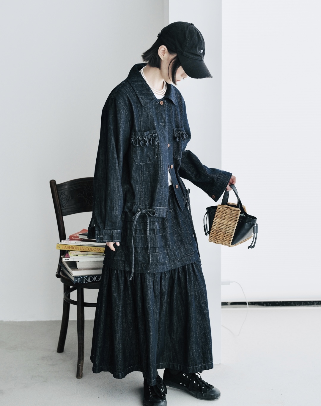 Japanese Cotton Washed Jacket   Women’s Fall Autumn cowboy collar Jackets for Women in black blue Womens hem tie button up chest pockets turn-down collar long sleeves back letter print denim outerwear
