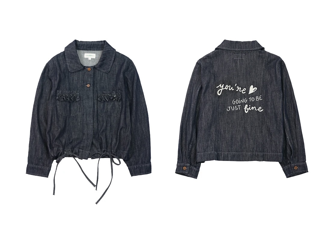 Japanese Cotton Washed Jacket   Women’s Fall Autumn cowboy collar Jackets for Women in black blue Womens hem tie button up chest pockets turn-down collar long sleeves back letter print denim outerwear