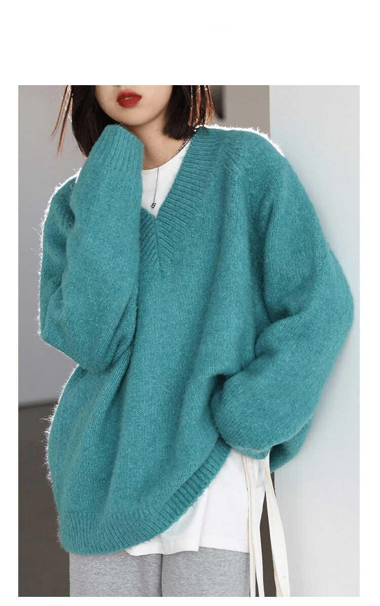 V-neck Knit Sweater  Women's Knitted Solid V Neck Casual Plus Size Female Loose Long Sleeve Pullovers Female Tops Lady Autumn Winter Sweaters for Woman in Blue