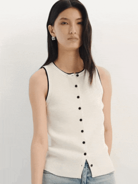 Crewneck Rib Cardigan Vest     Women’s Knitted High Rise Waist Color Block round crew Neck Slim Fit Street Sle sleeveless button-up ribbed regular length sweater vests for woman in white with black trim Womens petite-, tall-, plus-, size Spring Summer Fall Autumn wfh office workwear o-neck fashion cardigans  #MBESWTT07