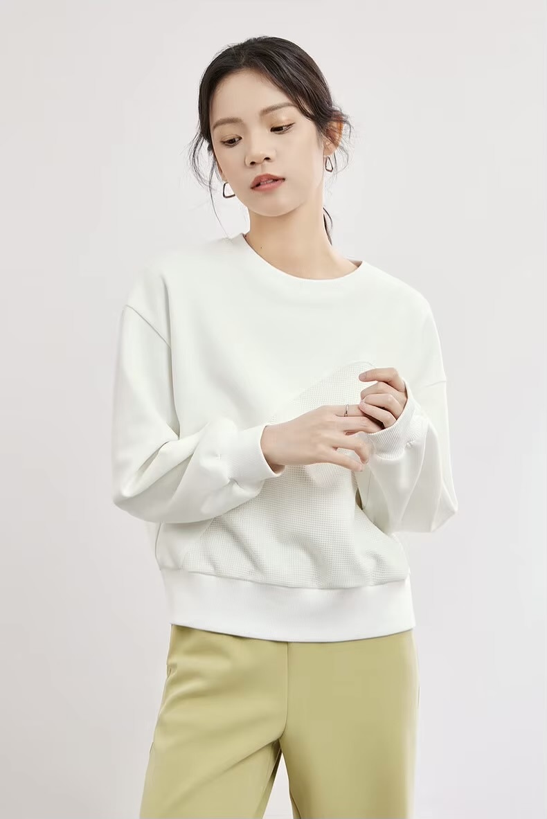 Patchwork Crewneck Sweatshirt     Women’s cotton loose simple round O-neck drop shoulder full sleeves and band cuffs crop sweatshirts for woman in white Spring cropped banded hem crew neck tops outerwear #141A53570