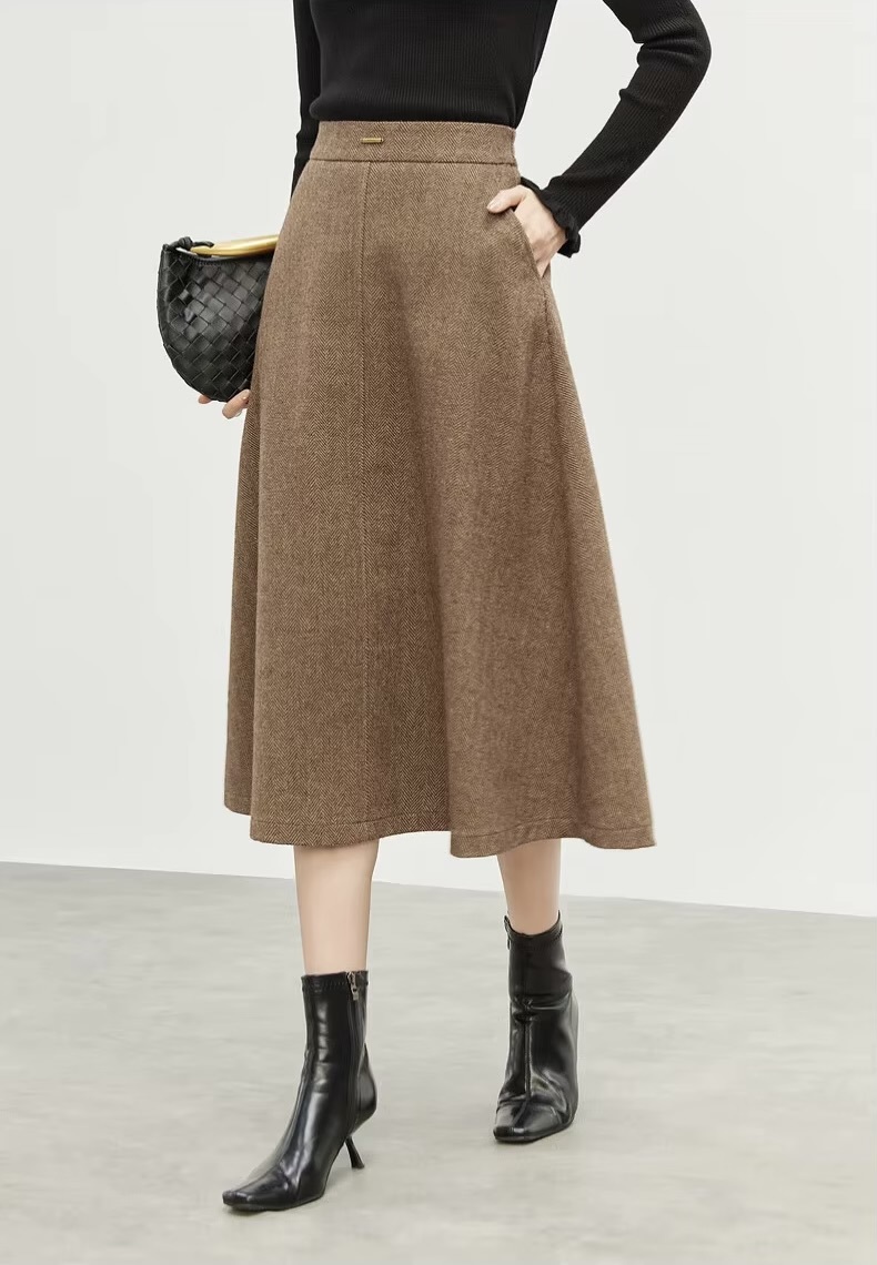 Wool Blend Skirt    Women’s warm elegant classic high rise elastic back band waist basic woolen blend plus size mid-calf midi skirts for woman in brown Vintage Fall Autumn Winter office lady wfh workwear Fashion  #144Q57245