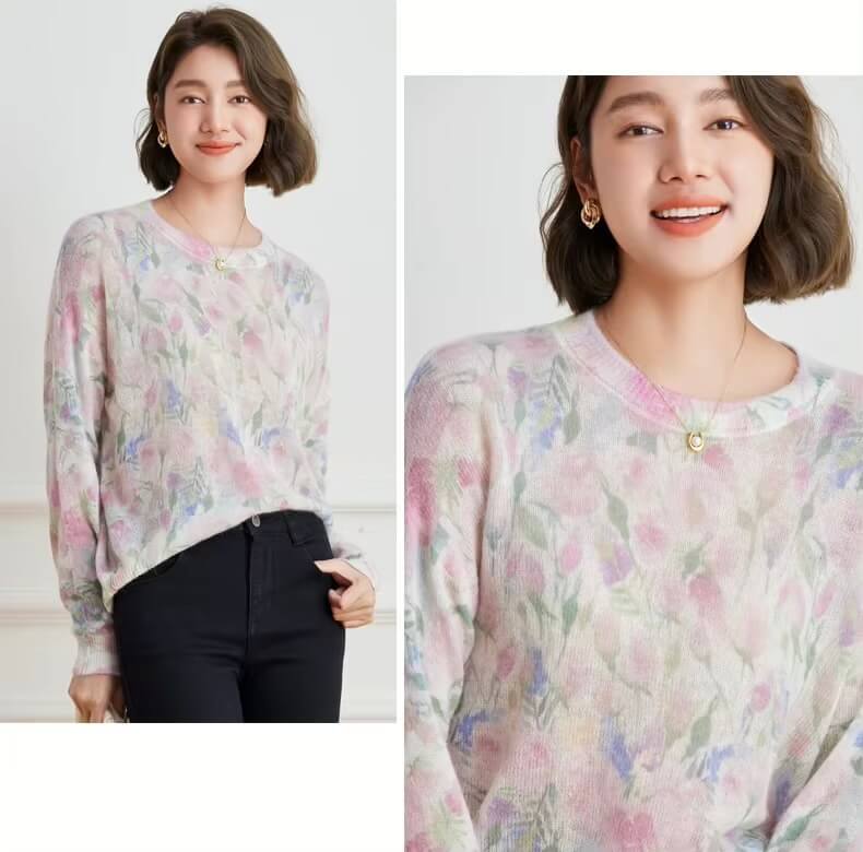 Women’s bohemian Crewneck Thin Dyed floral flowers Print Woolen Knitted Top for woman in pink Boho multi round O-Neck Loose Outerwear Shirt Inner Match Base Layering Upper Body tops Womens spring summer fall autumn crew neck bohemia fashion