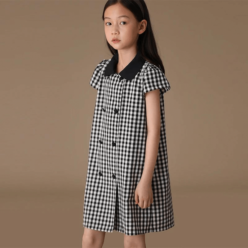 Kids Plaid Dress   Girl's Classic Black And White Summer Doll Collar Double-Breasted Vintage Elegant Princess Dresses