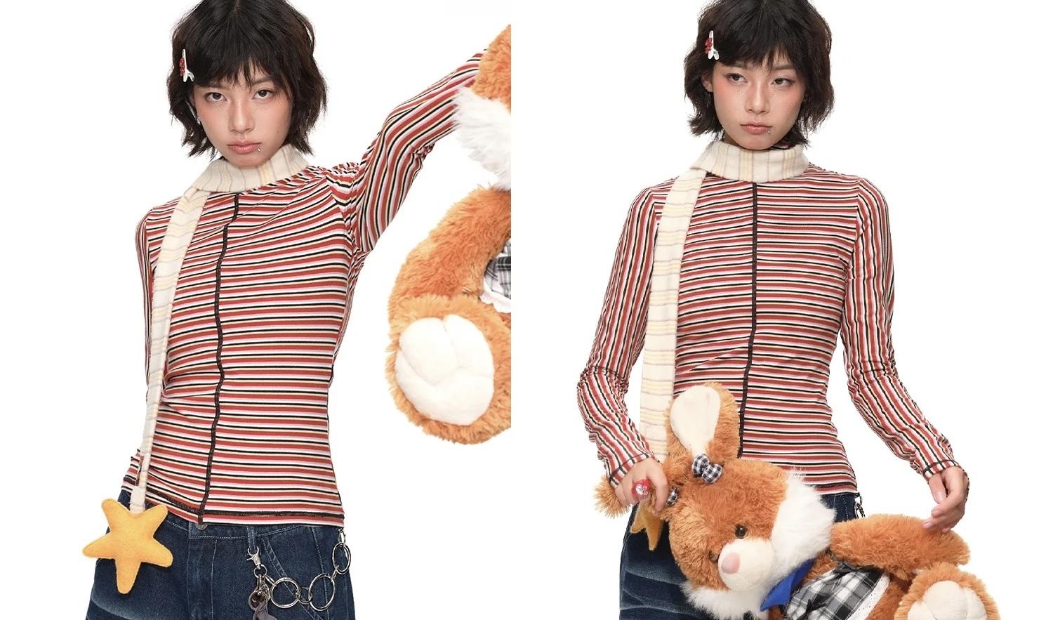 Women&rsquo;s woman womens petite-, tall-, plus-, size Versatile Long sleeves Slim Fit Casual High mockneck Collar Base Layer Top Inner Wear Thermal Striped T-Shirts in orange stripes