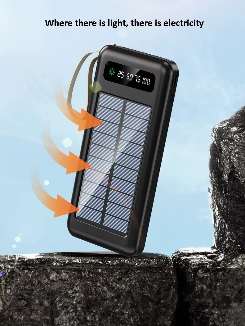 Office home vacation holiday getaway business work electronics 20000mAh Solar Power Bank Power Charger Built-in Cable Large Capacity Portable External Battery Power-bank Fast Charging Powerbanks for iPhone Apple Android Power bank in black and available in 10000mah