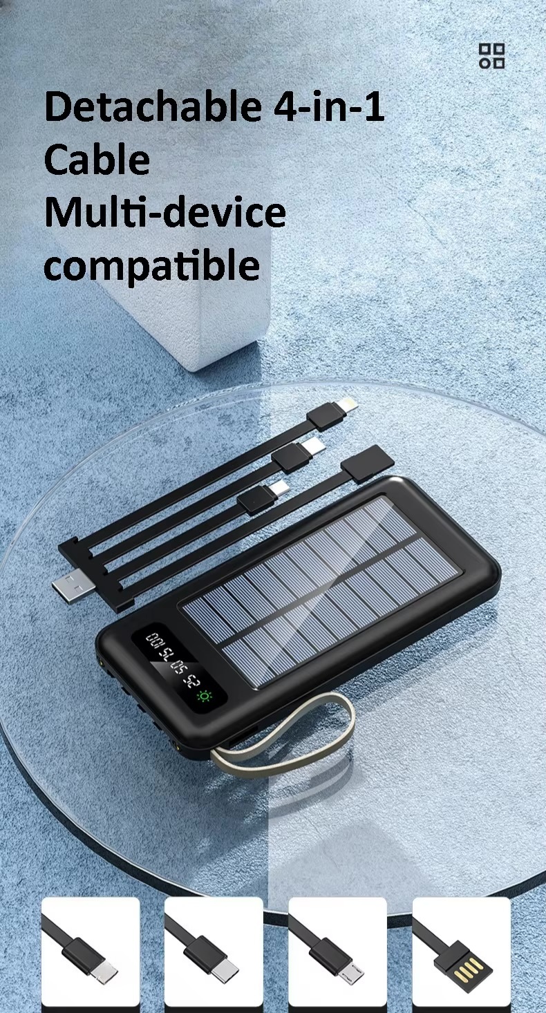 Office home vacation holiday getaway business work electronics 20000mAh Solar Power Bank Power Charger Built-in Cable Large Capacity Portable External Battery Power-bank Fast Charging Powerbanks for iPhone Apple Android Power bank in black and available in 10000mah