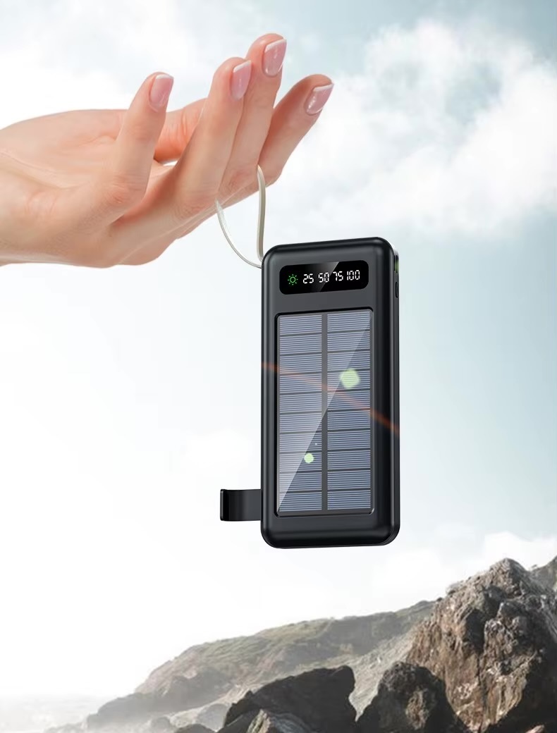Office home vacation holiday getaway business work electronics 20000mAh Solar Power Bank Power Charger Built-in Cable Large Capacity Portable External Battery Power-bank Fast Charging Powerbanks for iPhone Apple Android Power bank in black and available in 10000mah