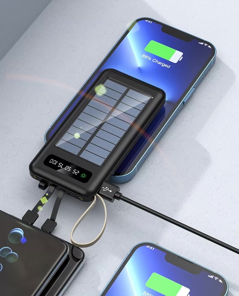 Office home vacation holiday getaway business work electronics 20000mAh Solar Power Bank Power Charger Built-in Cable Large Capacity Portable External Battery Power-bank Fast Charging Powerbanks for iPhone Apple Android Power bank in black and available in 10000mah