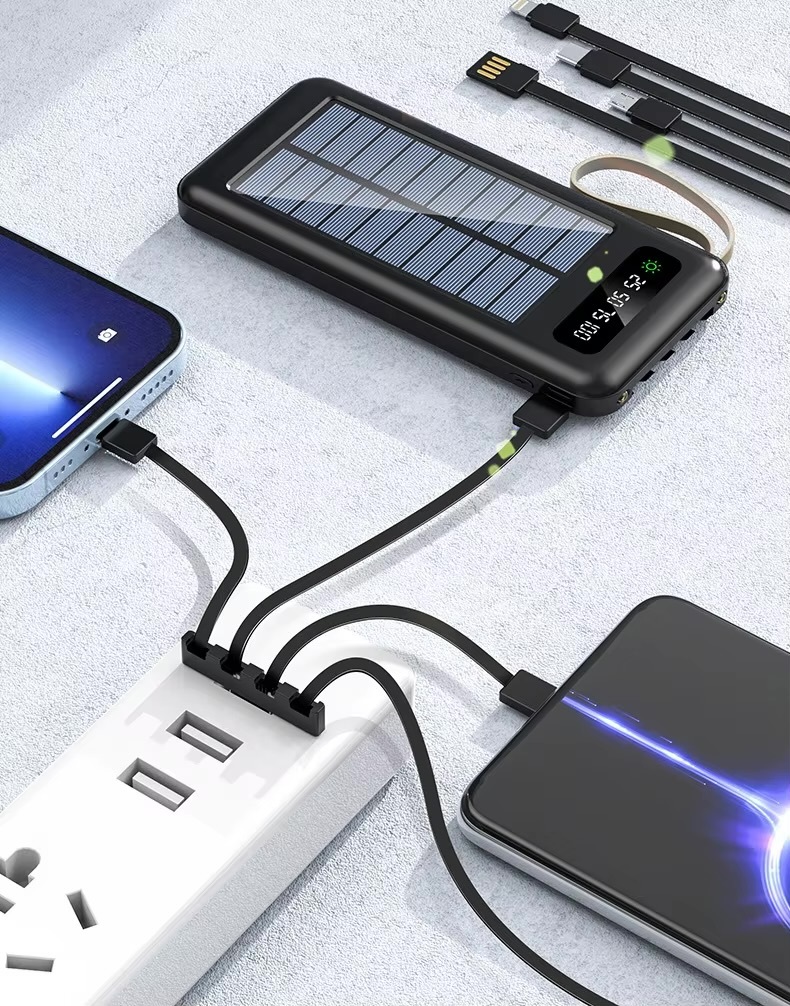 Office home vacation holiday getaway business work electronics 20000mAh Solar Power Bank Power Charger Built-in Cable Large Capacity Portable External Battery Power-bank Fast Charging Powerbanks for iPhone Apple Android Power bank in black and available in 10000mah