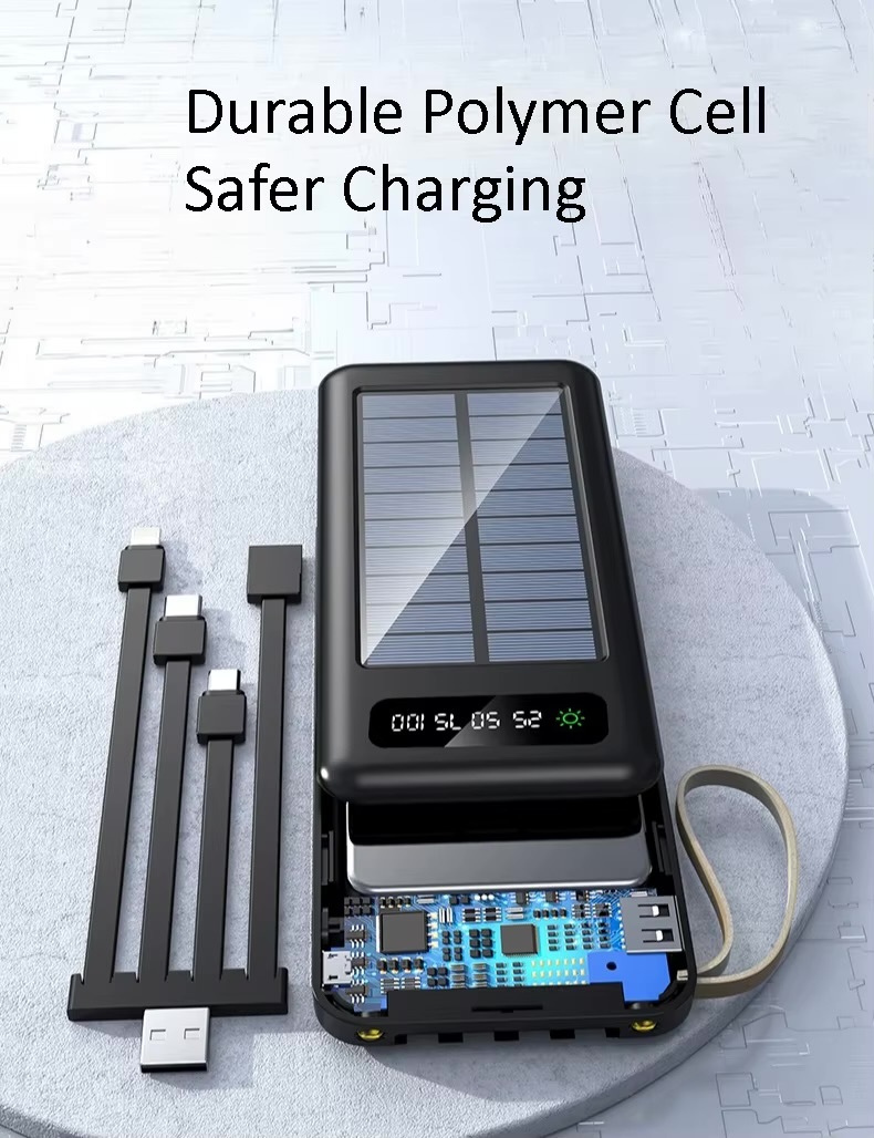 Office home vacation holiday getaway business work electronics 20000mAh Solar Power Bank Power Charger Built-in Cable Large Capacity Portable External Battery Power-bank Fast Charging Powerbanks for iPhone Apple Android Power bank in black and available in 10000mah
