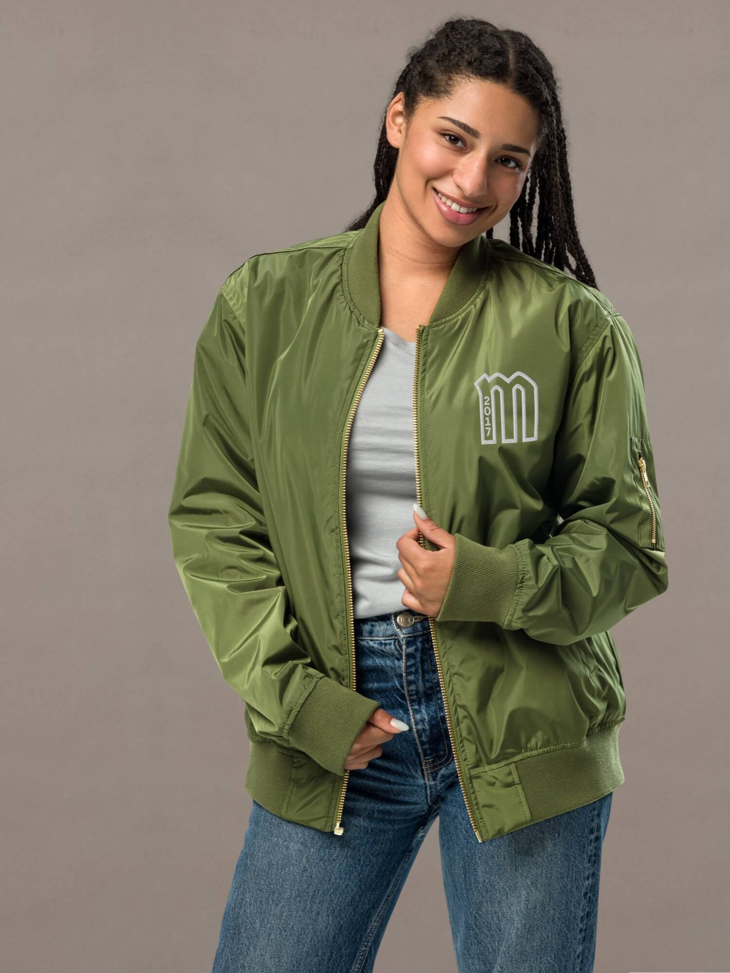 miteigi Logo Bomber Jacket green  Genderful Women’s long sleeves, zipper close pockets ribbed collar, cuffs and hem Jackets for Woman in Green Womens petite-, tall-, plus-, size sports anywear unisex outerwear