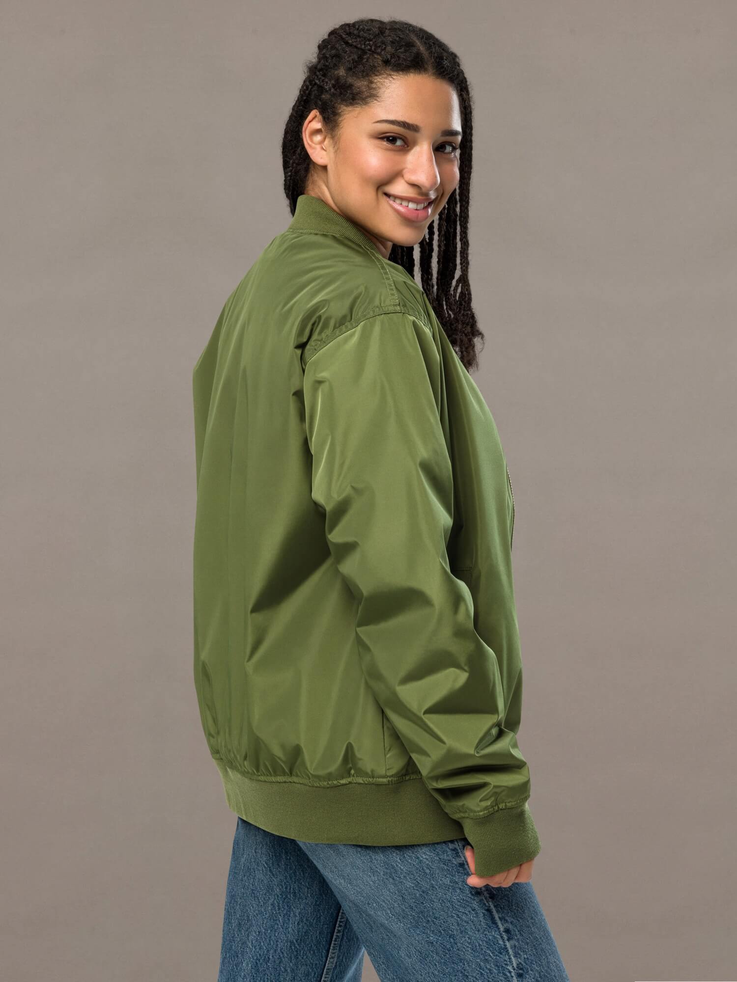 miteigi Logo Bomber Jacket green  Genderful Women’s long sleeves, zipper close pockets ribbed collar, cuffs and hem Jackets for Woman in Green Womens petite-, tall-, plus-, size sports anywear unisex outerwear