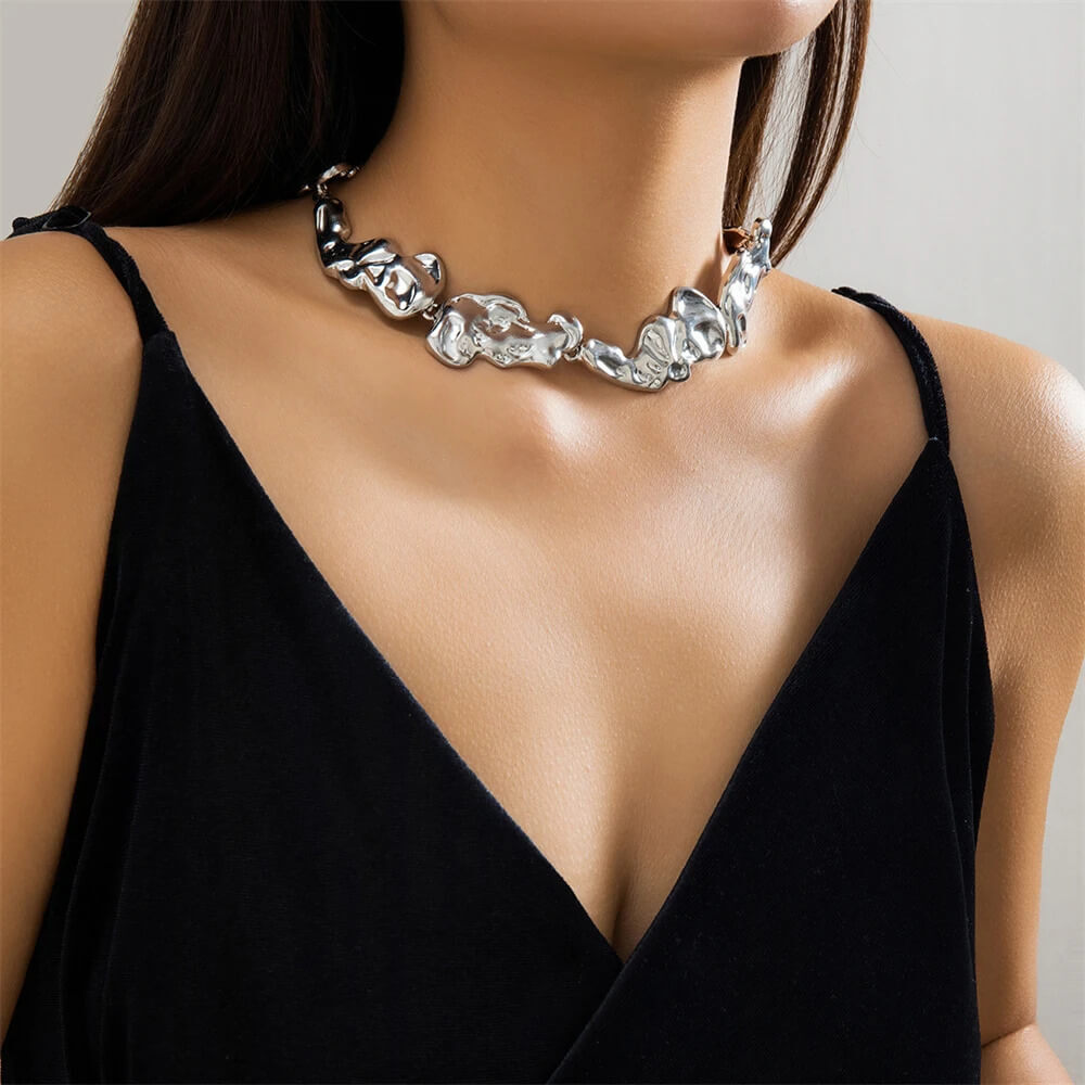 Women’s woman womens Unique Exaggerated chunky irregular big creative thick Gold and Silver color metal chain choker Fashion necklaces Jewelry Gift Jewellery in gold