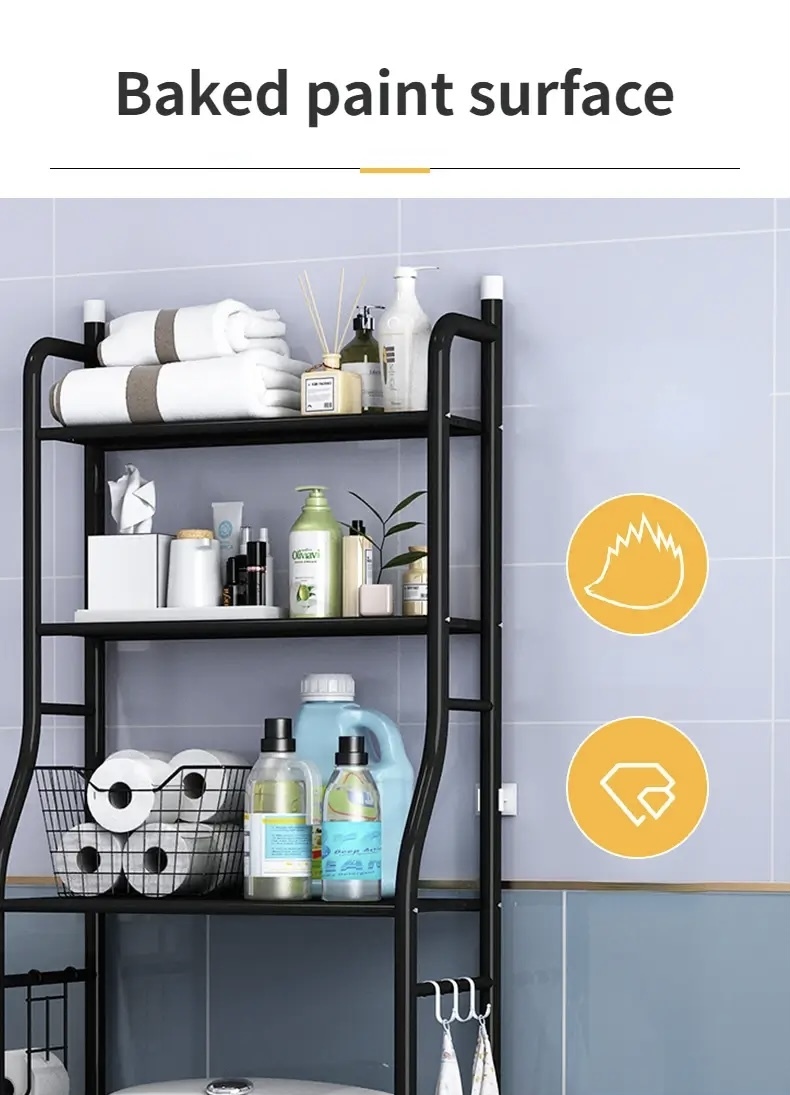 Bathroom Toilet Storage Rack  Floor standing washroom punching free washing machine basin store racks Wall shelf organizers shelves in white, black cabinet shelving