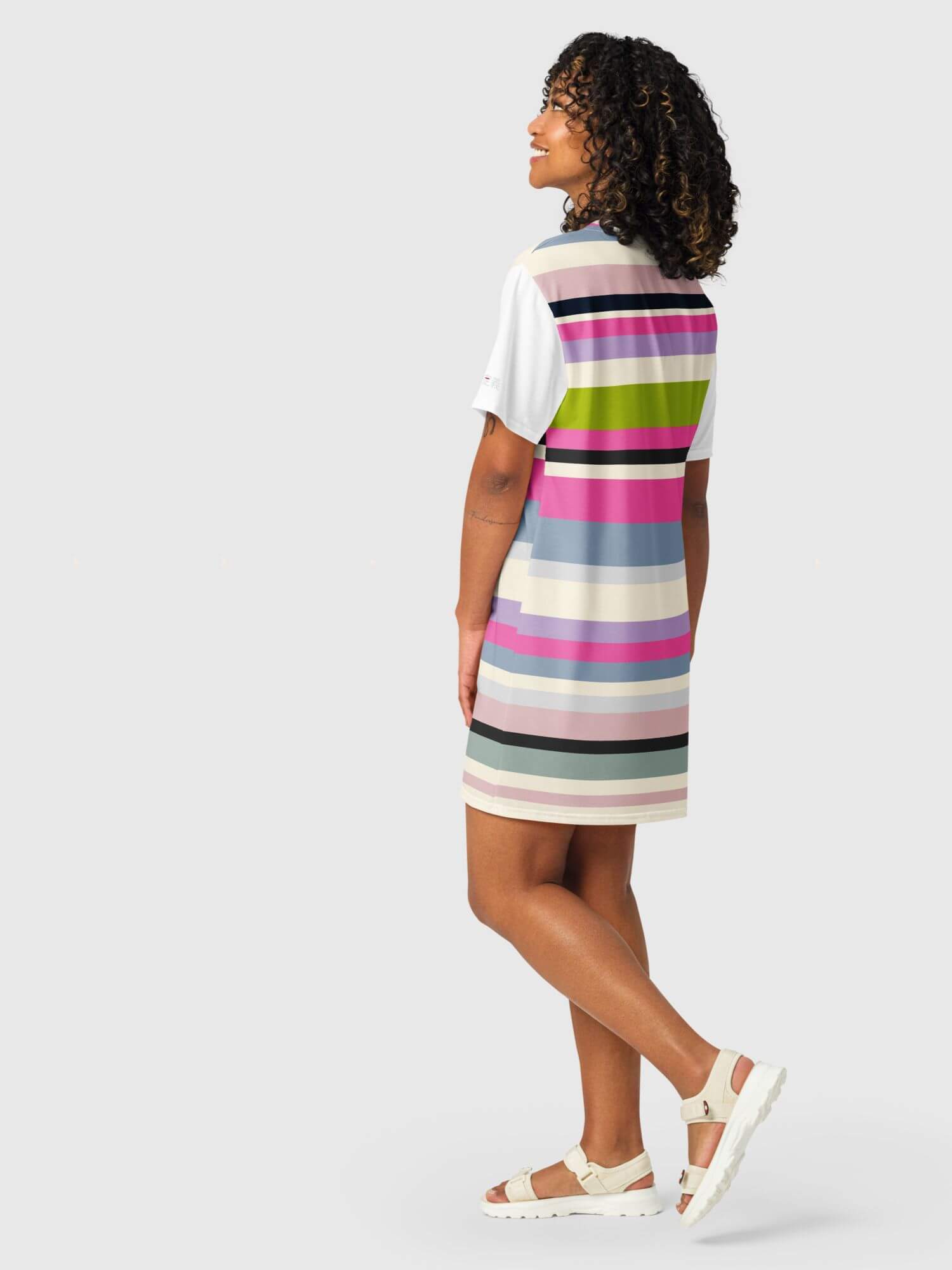 Le Pandora T-shirt Dress      Women’s Bohemia French look striped crewneck short sleeves above knee midi boho dresses for woman in cosmic latte with multicolored stripes print 'Cherchez la Femme' letters and  in petite-, tall-, plus-, size Womens grunge punk goth y2k round o-neck hip Popstar 1950s bee bop look rockstar bohemian crew neck streetwear France “Seek the woman”  and Japanese script miteigi logo on left sleeve