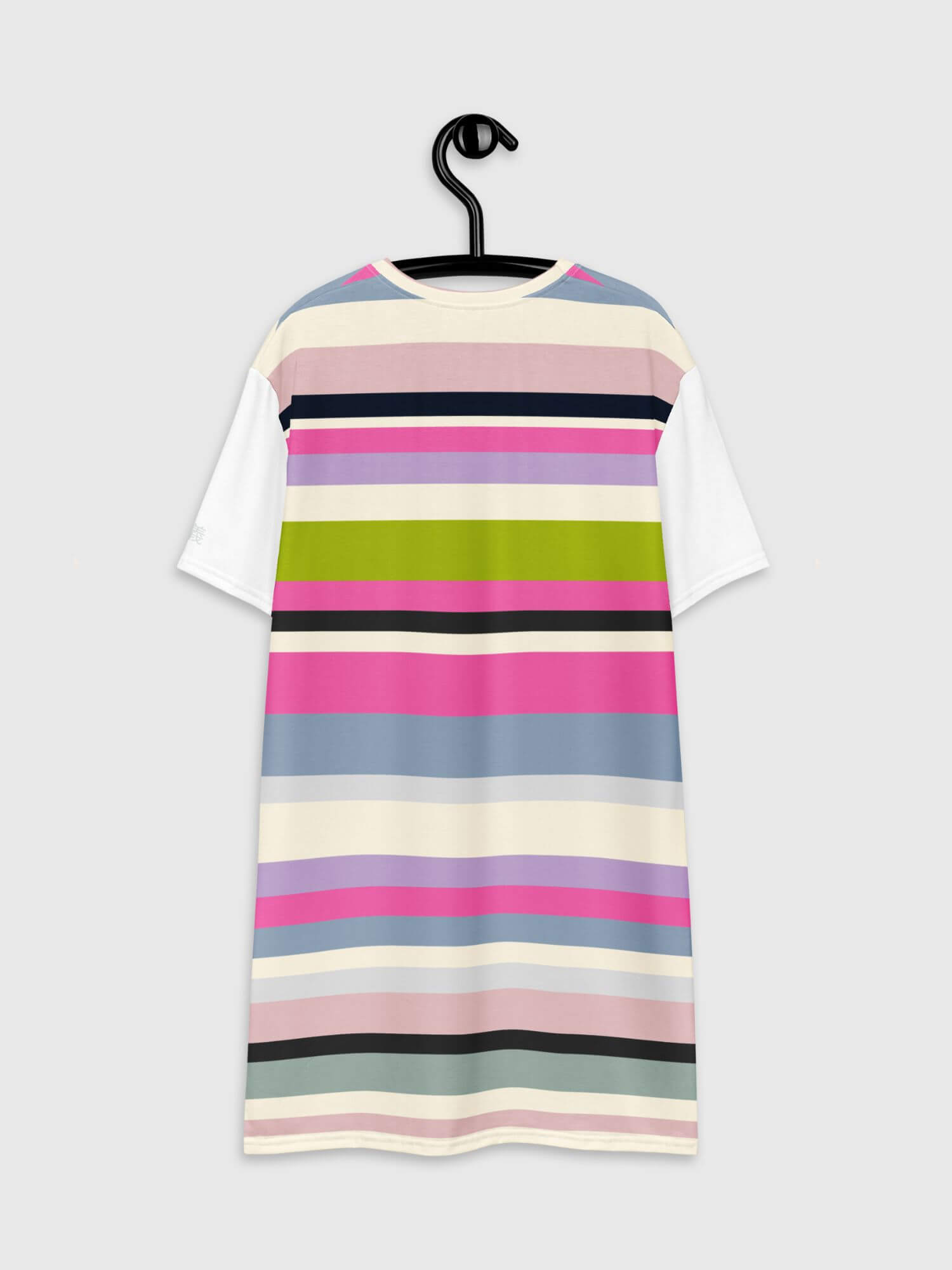 Le Pandora T-shirt Dress      Women’s Bohemia French look striped crewneck short sleeves above knee midi boho dresses for woman in cosmic latte with multicolored stripes print 'Cherchez la Femme' letters and  in petite-, tall-, plus-, size Womens grunge punk goth y2k round o-neck hip Popstar 1950s bee bop look rockstar bohemian crew neck streetwear France “Seek the woman”  and Japanese script miteigi logo on left sleeve