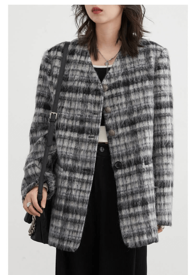 V-Cut Wool Jacket  Women's Coat Retro Long Blends Striped Woolen Outerwear Womens Office Lady Clothing Female Top Autumn Spring V-Neck Jackets for Woman in Black stripes