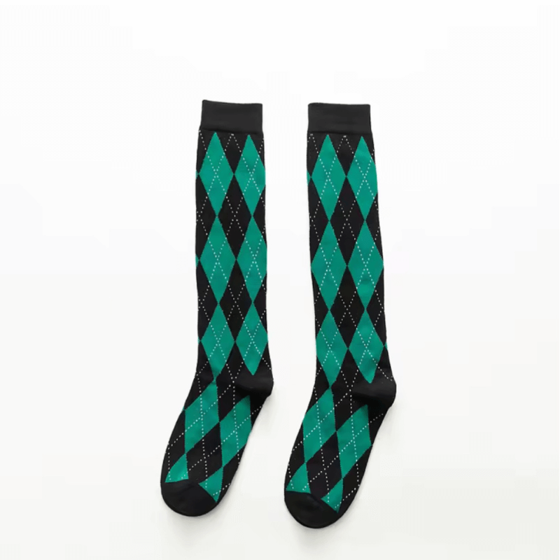 Long Socks Women’s Cotton Lattice Hip Hop Harajuku Funny Japanese Socks for woman in green with black white Ladies checkered Plaid Warm Sock Womens Fall Autumn Spring Summer Winter Sox Meias 