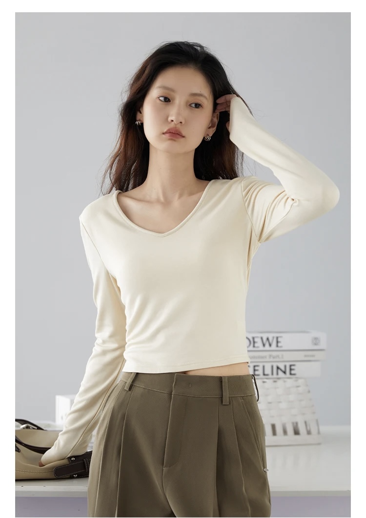 Bottom V-neck T-Shirt  Basic Women’s Tees Knitted Shirt Long Sleeve Womens Tops Autumn Spring Clothing T-Shirts for Woman in Apricot 