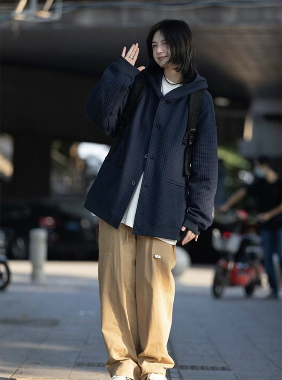 Oversized Waffle Hoodie Cardigan  Solid genderful women’s long sleeves button up sweatshirt for woman Vintage cotton-blend cardigans coats Hooded loose fit trend womens outwear sweatshirts Unisex button-up pockets tall-, plus-, size anywear outerwear #B0053 in dark blue