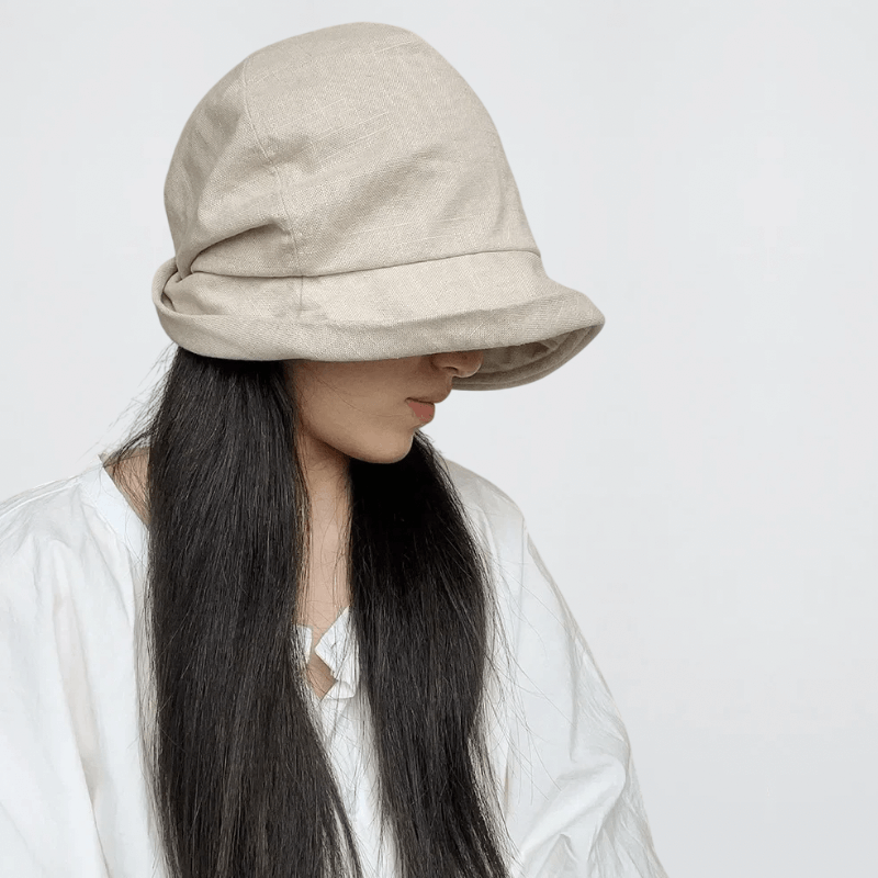 Women’s woman womens Japanese Cotton Linen Pleated Small Brim Summer holiday vacation getaway UV Resistant Breathable Linen Fisherman Bucket Hats Wrapped Head headwear in off-white beige