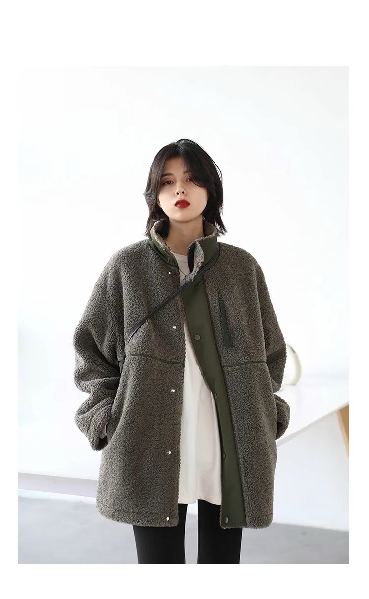 Windbreaker Coat  Women’s Sherpa Jacket Thicken Warm Casual Lamb Faux Fur womens Overcoat Loose Stand Turn-down collar Outerwear Female Lady Plus size Autumn Winter Coats for Woman in Light Grayish-Green grey