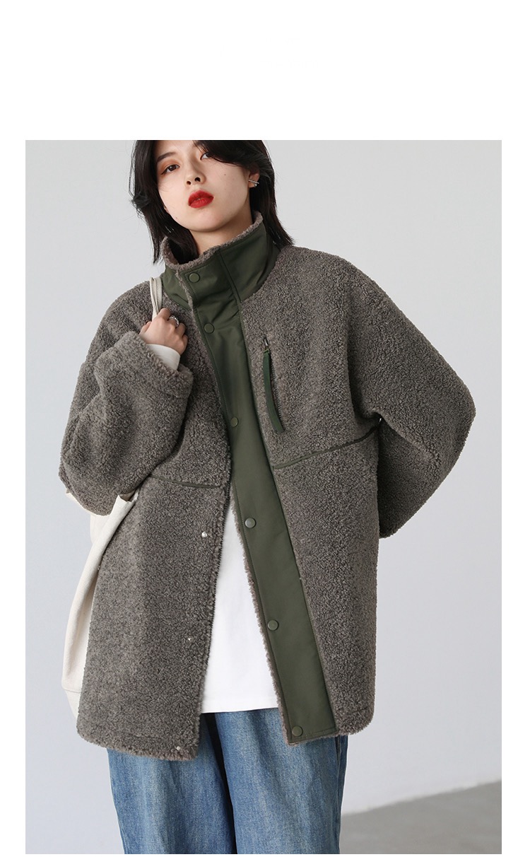 Windbreaker Coat  Women’s Sherpa Jacket Thicken Warm Casual Lamb Faux Fur womens Overcoat Loose Stand Turn-down collar Outerwear Female Lady Plus size Autumn Winter Coats for Woman in Light Grayish-Green grey