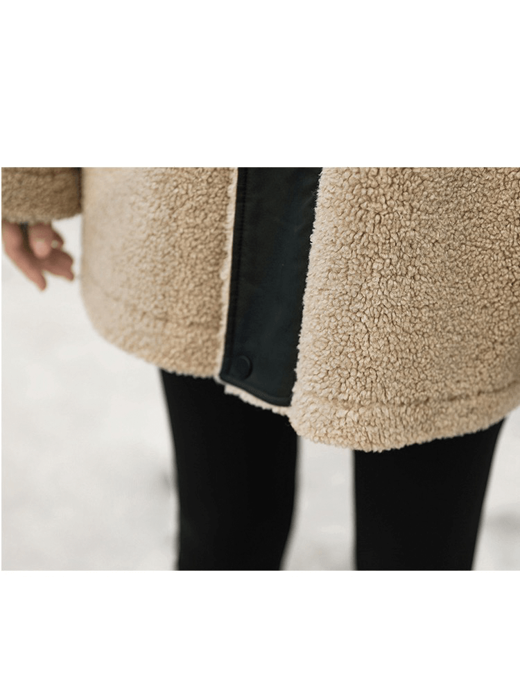 Windbreaker Coat  Women’s Sherpa Jacket Thicken Warm Casual Lamb Faux Fur womens Overcoat Loose Stand Turn-down collar Outerwear Female Lady Plus size Autumn Winter Coats for Woman in Light Coffee brown