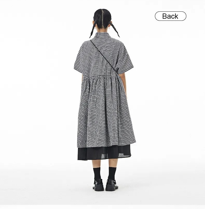 Oversized Dress gray Women’s plaid Korean skirt fashion loose thin mesh turn-down collar half button-up short sleeves cotton fake two dresses for woman in grey with black women’s fashion