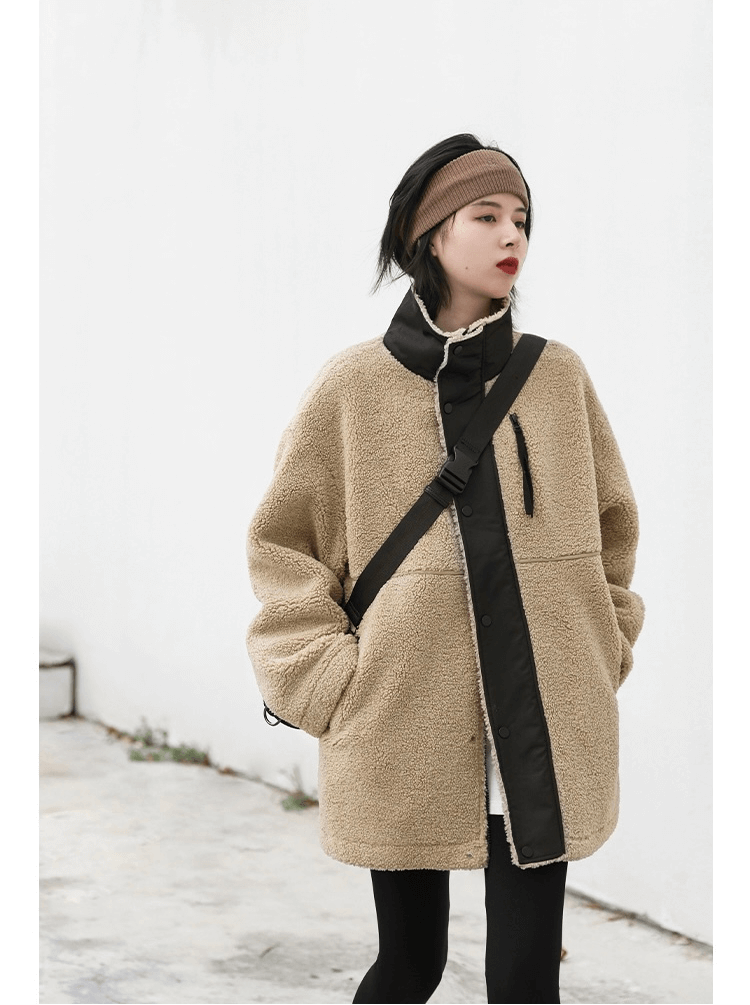 Windbreaker Coat  Women’s Jacket Thicken Warm Casual Lamb Faux Fur womens Overcoat Loose Stand Turn-down collar Outerwear Female Lady Plus size Autumn Winter Coats for Woman in Light Coffee brown