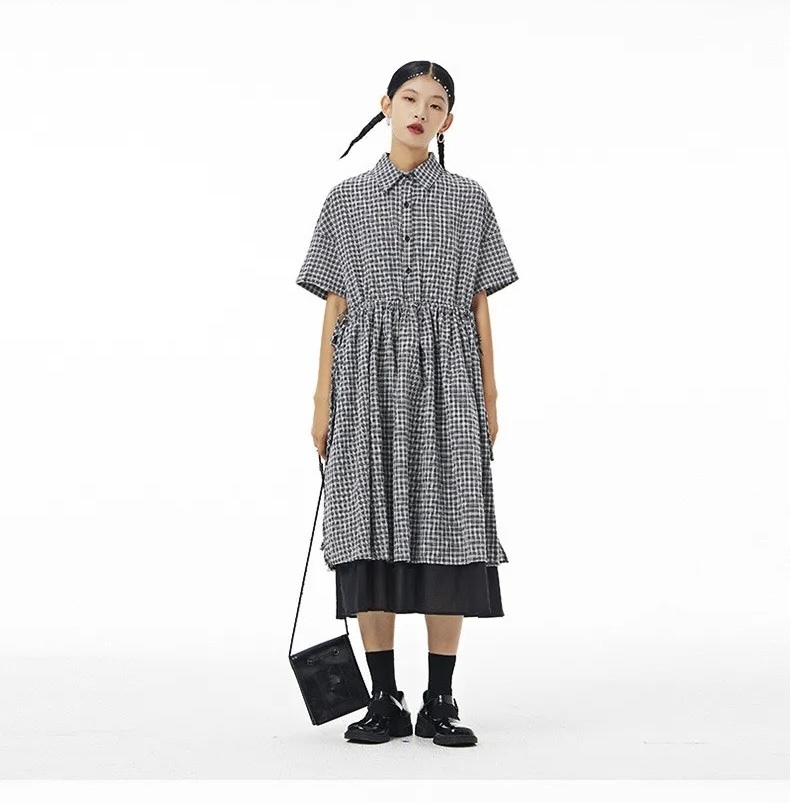 Oversized Dress gray Women’s plaid Korean skirt fashion loose thin mesh turn-down collar half button-up short sleeves cotton fake two dresses for woman in grey with black women’s fashion