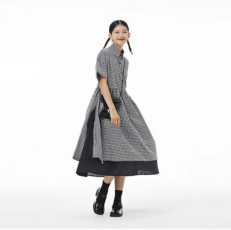 Oversized Dress gray Women’s plaid Korean skirt fashion loose thin mesh turn-down collar half button-up short sleeves cotton fake two dresses for woman in grey with black women’s fashion