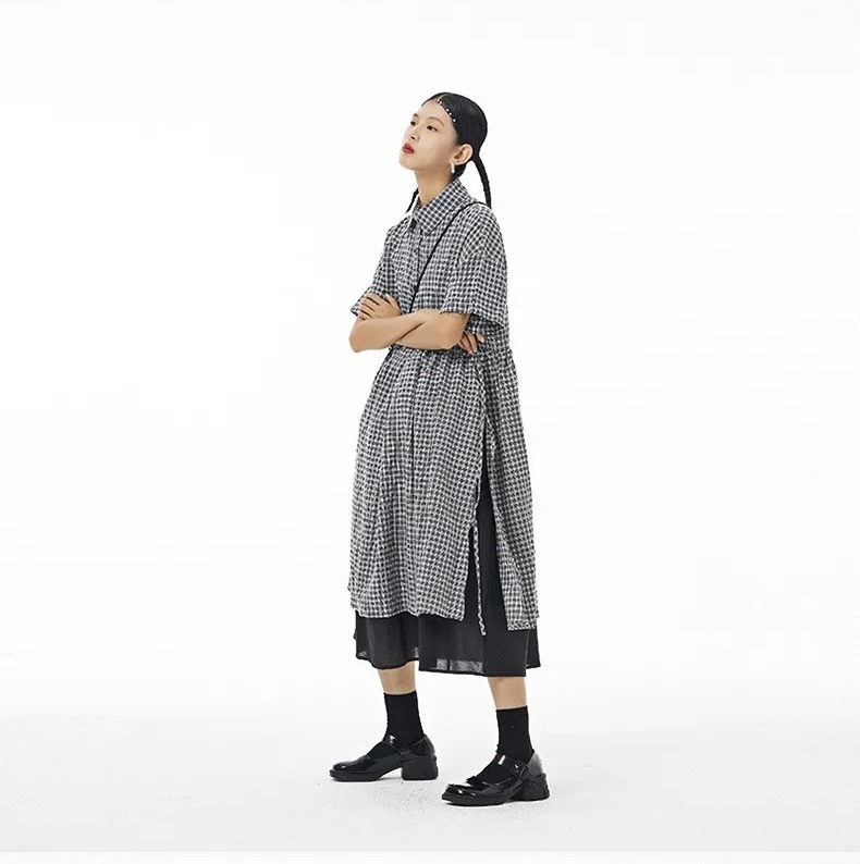 Oversized Dress gray Women’s plaid Korean skirt fashion loose thin mesh turn-down collar half button-up short sleeves cotton fake two dresses for woman in grey with black women’s fashion