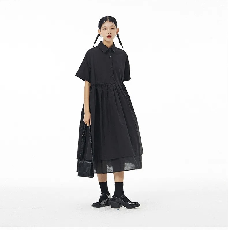 Oversized Dress Women’s Korean skirt fashion loose thin mesh turn-down collar half button-up short sleeves cotton fake two dresses for woman in black women’s fashion