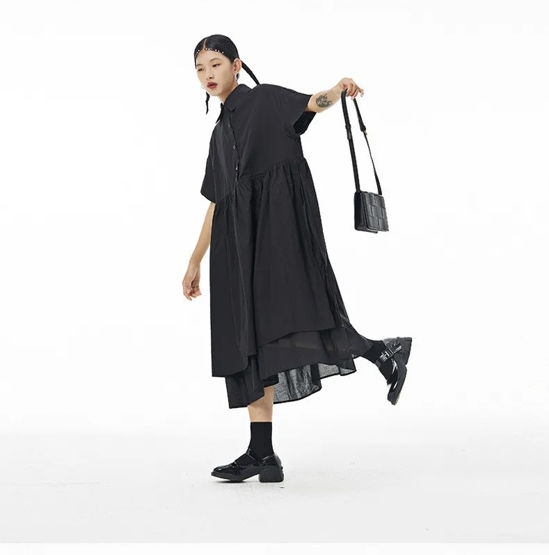 Oversized Dress Women’s Korean skirt fashion loose thin mesh turn-down collar half button-up short sleeves cotton fake two dresses for woman in black women’s fashion