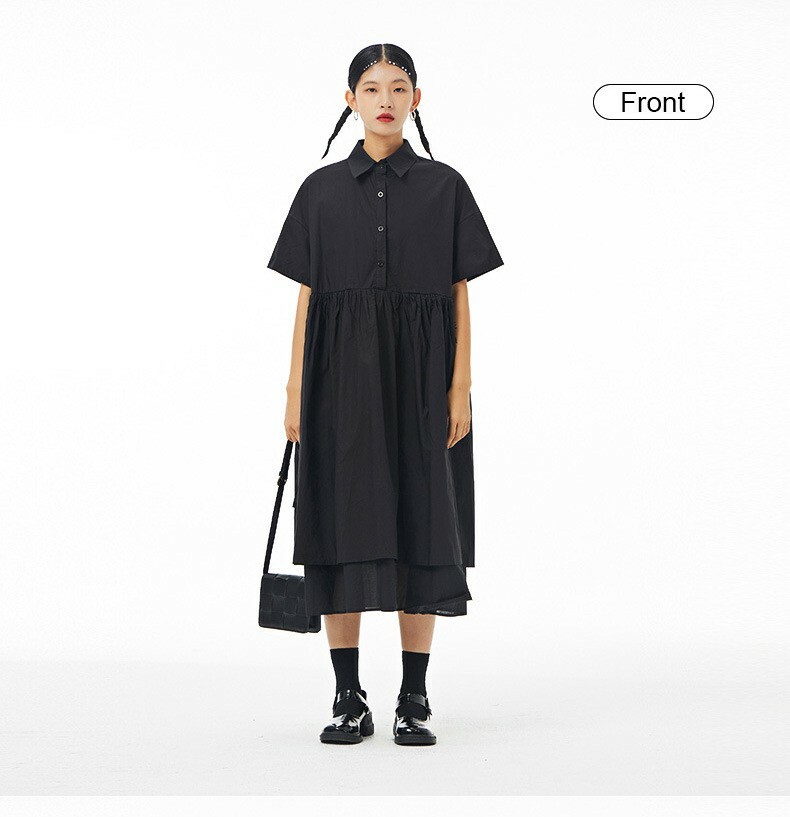 Oversized Dress Women’s Korean skirt fashion loose thin mesh turn-down collar half button-up short sleeves cotton fake two dresses for woman in black women’s fashion