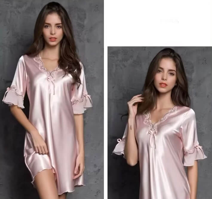 Women’s woman womens tall-, plus-, size Elegant Lace-Trim PJ Pajamas Ice Silk Nightdress Mid-sleeve knee-length Home Wear Loungewear dresses Nightgowns in Pink
