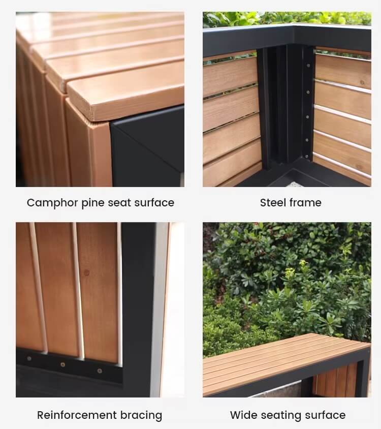 Galvanized Stainless Steel metal Wooden Church Park Seating Garden Outdoor Patio Benches in natural light brown with black frame