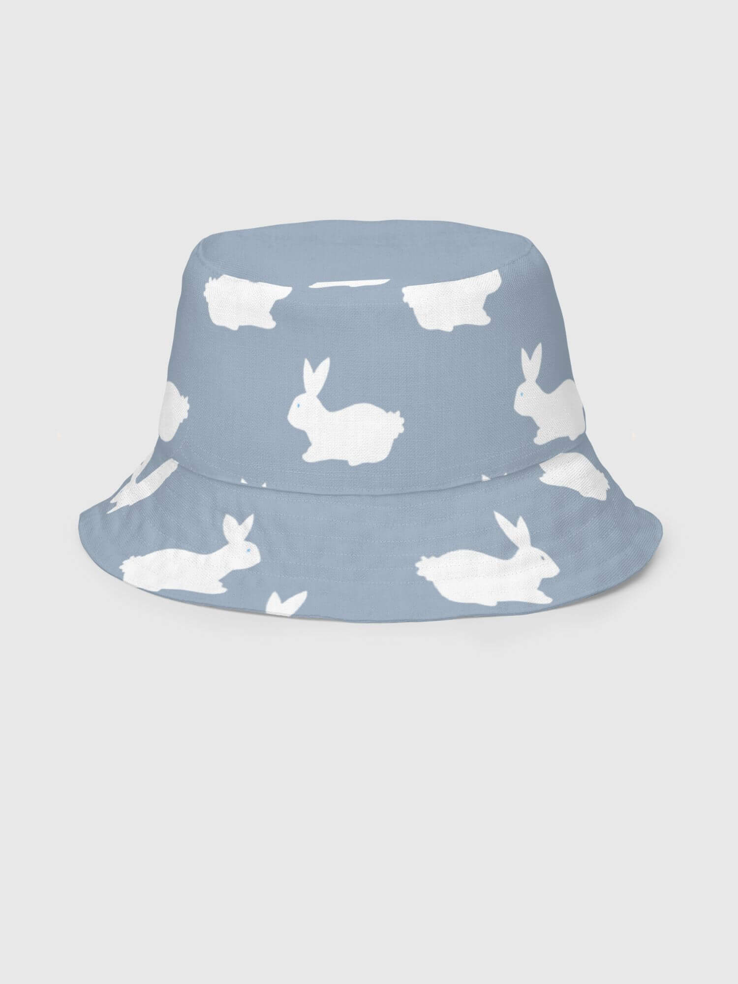 Reversible unisex headwear     Genderful Women’s Men’s Unisex anywear summer festival sun hats for woman man in dusk blue with white rabbits pattern on one side, plain with Japanese script miteigi undefined logo in platinum red on other side Mens womens getaway holiday vacation beachwear Headwear