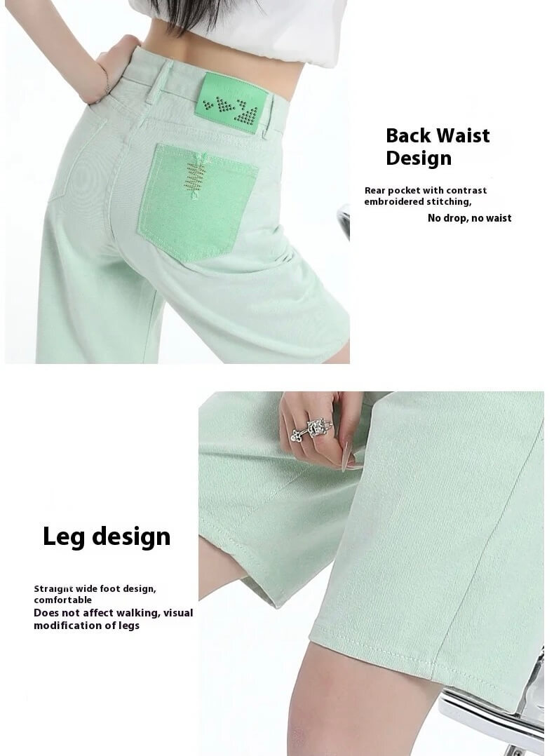 Women's woman womens petite-, tall-, plus size-, Mint Green Straight fit Summer Loose Drape Small High-Waisted Five 5 pocket zipper-up close Casual Trousers hollday vacation getaway  Denim Shorts