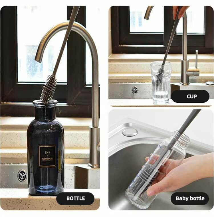 Silicone Cup Milk Bottle Long Handle Water Bottles Cleaner Glass Cup Cleaning Brushes Kitchen Baby Cleaning Tools in Gray grey