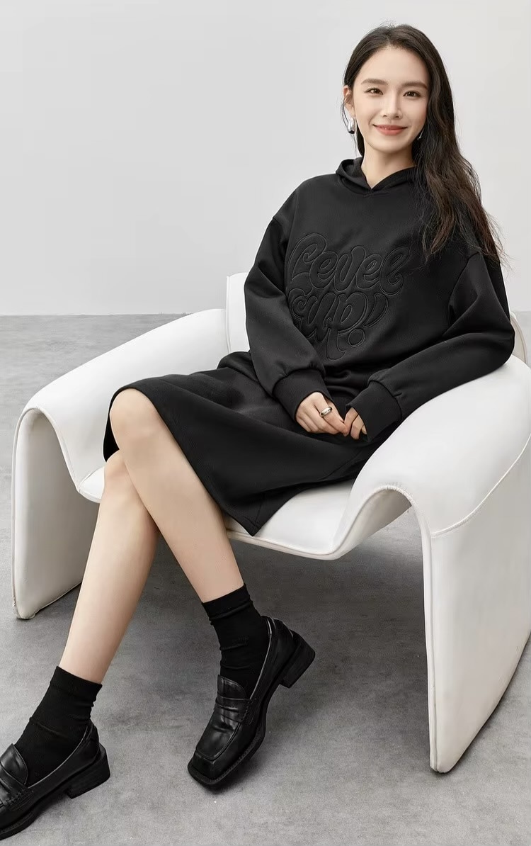 Cotton Hooded Sweater Dress   Women’s casual Knit loose Level Up letter embroidery long sleeves with band cuffs hood pullovers dresses outwear for woman in black Fall Autumn Winter womens outerwear embroidered detailed hem knitted sweaters Mid-calf length loose waist petite-, plus-, size clothing  #144L57099
