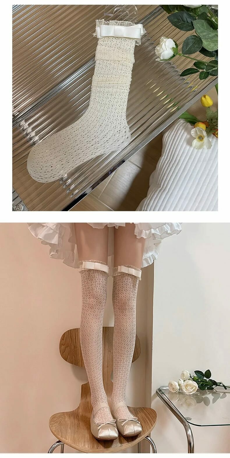 Thigh High Fishnet Stockings   Women’s Sexy Y2k Girls  Lace Mesh JK Lolita Kawaii Bowknot Knee length Socks for woman in beige-white womens hosery 