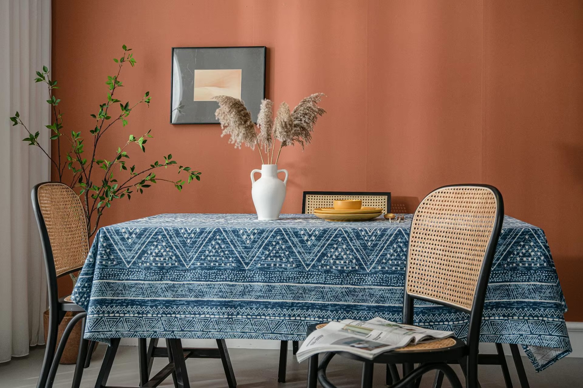 Home European country boho bohemian geometric triangle print blog cotton linen rectangular end table cloth covers Bohemia style tablecloth dining linens in blue
