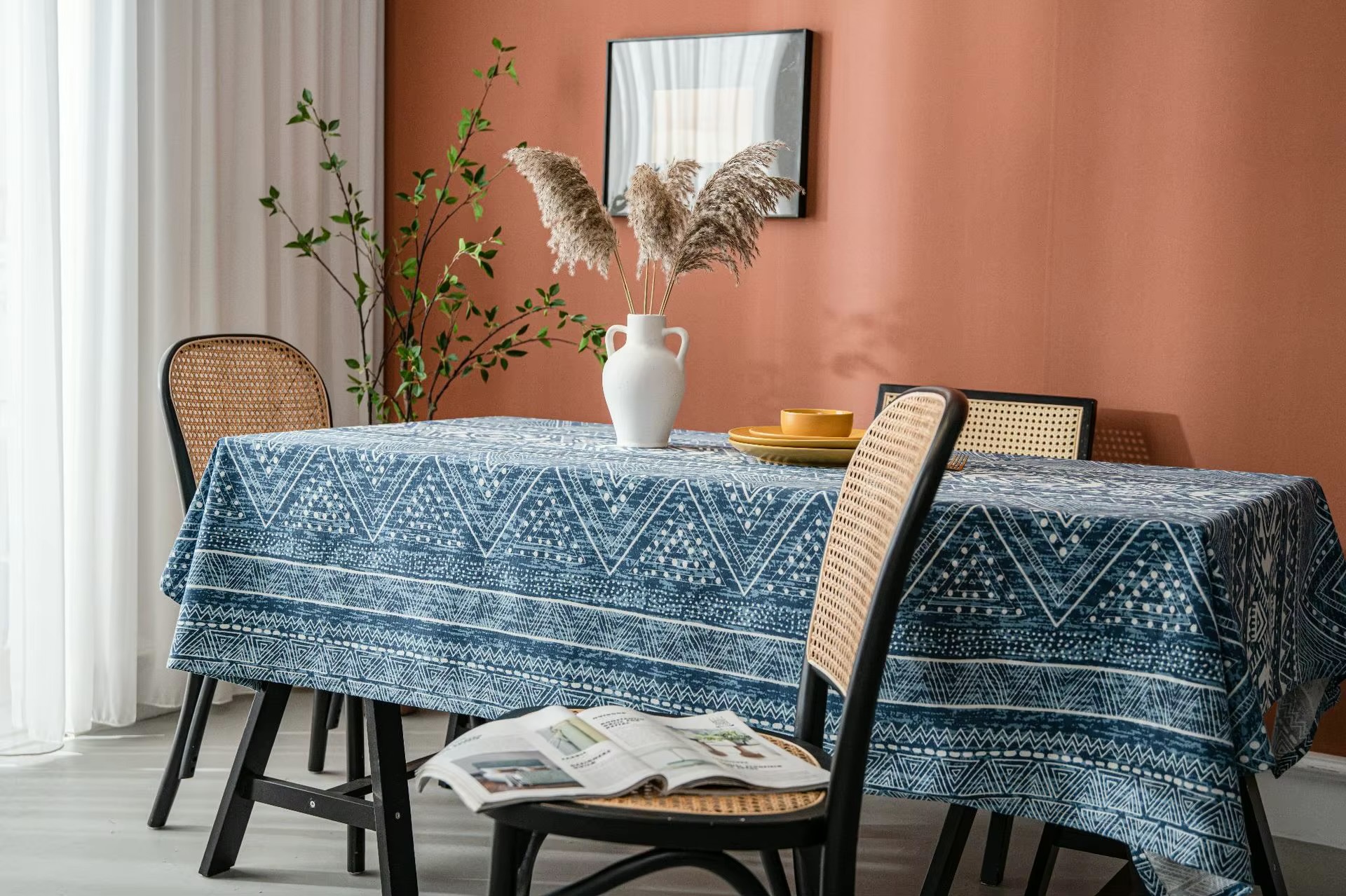Home European country boho bohemian geometric triangle print blog cotton linen rectangular end table cloth covers Bohemia style tablecloth dining linens in blue