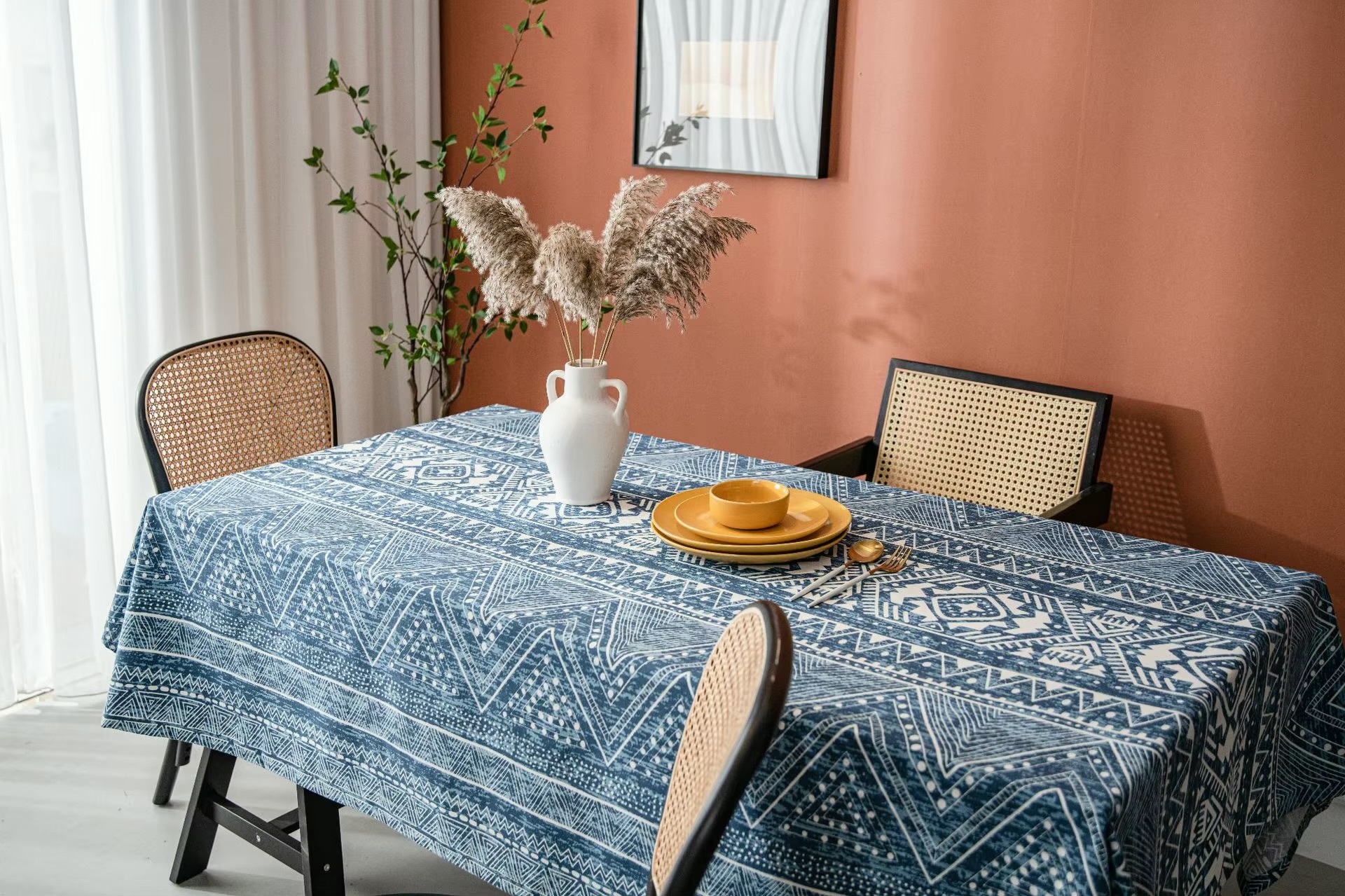 Home European country boho bohemian geometric triangle print blog cotton linen rectangular end table cloth covers Bohemia style tablecloth dining linens in blue
