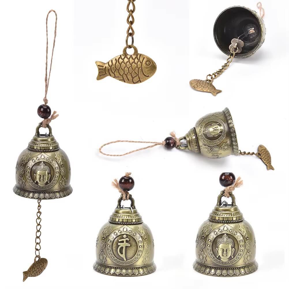 Gift Thailand Crafts for Good Luck Lucky Blessing Feng Shui Buddha Statue Pattern Bell Fortune Wind Chime Home Outdoor Garden Car Hanging Decor gifting in bronze