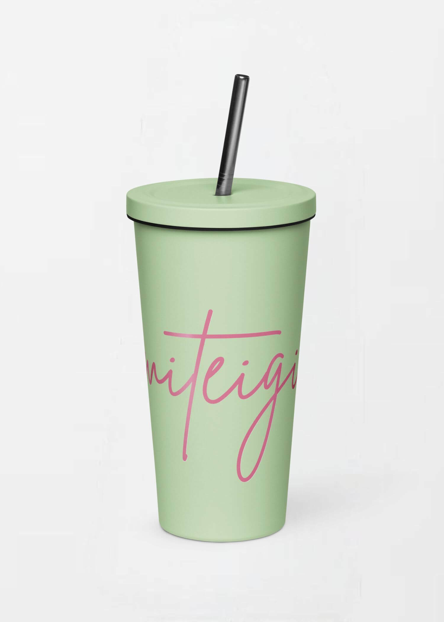 Insulated Tumbler with Straw miteigi Script Logo green   miteigi-logo design stainless steel wine, milk water drinks tumblers with lid and straw Outdoor sports fitness drinkware with pink pattern